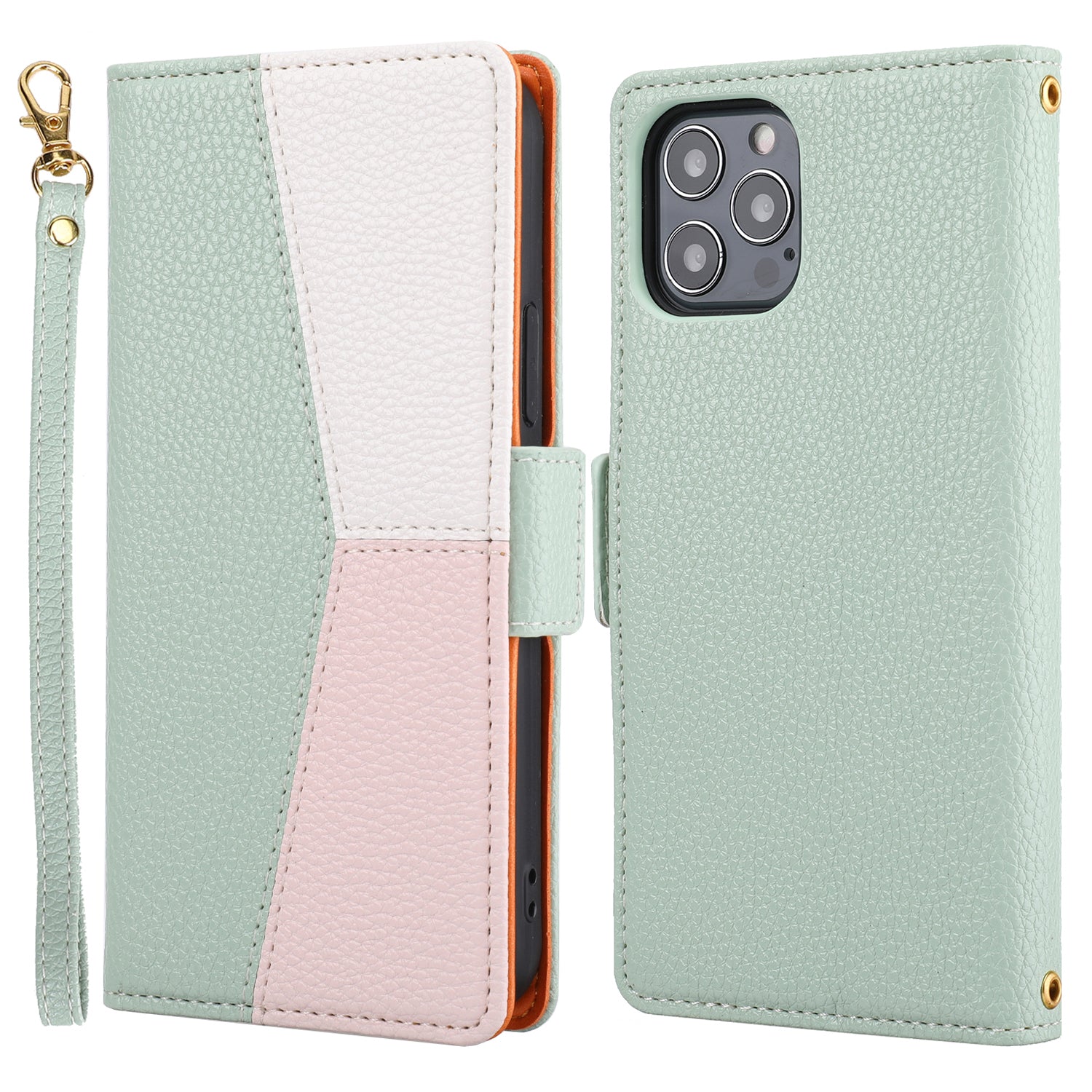 Leather Phone Cover for iPhone 14 Pro Tri-color Splicing Litchi Texture Wallet Phone Stand Case with Strap Leather Phone Cover for iPhone 14 Pro Tri-color Splicing Litchi Texture Wallet Phone Stand Case with Strap